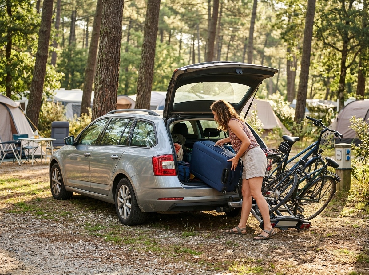 Vrouw pakt een koffer uit de kofferbak van een stationwagen met twee fietsen op de fietsendrager, op een camping