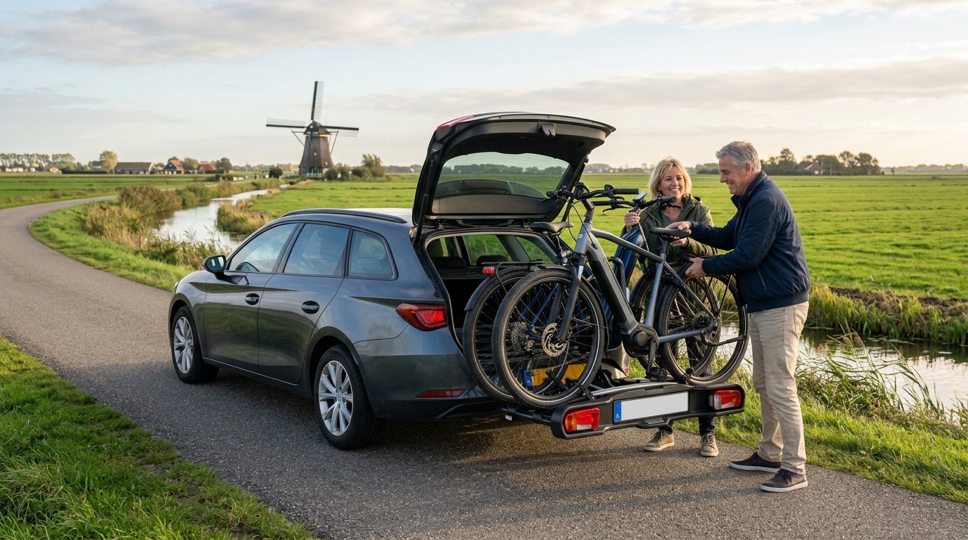 Auto met twee e-bikes op een fietsendrager op de trekhaak, geparkeerd langs een Nederlandse polderweg